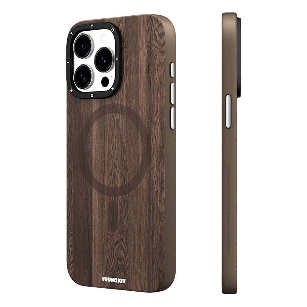 Apple iPhone 15 Pro Max Kılıf Magsafe Şarj Özellikli Sararmaya Dayanıklı Youngkit Wood Forest Serisi Kapak Siyah