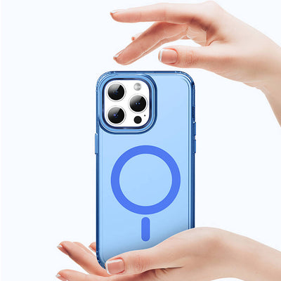 Apple iPhone 15 Pro Max Kılıf Magsafe Şarj Özellikli Saydam Arka Yüzey Recci Crystal Color Serisi Kapak Mavi