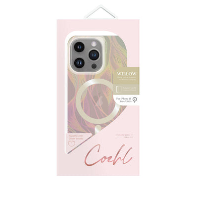 Apple iPhone 15 Pro Max Kılıf Magsafe Şarj Özellikli Yaprak Desenli Coehl Willow Kapak Pembe