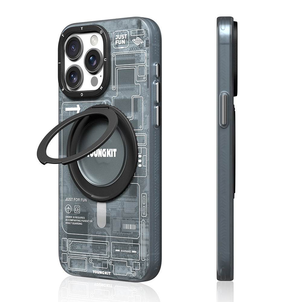 Apple iPhone 15 Pro Max Kılıf Magsafe Şarj Özellikli Youngkit 360° Standlı Technology Serisi Kapak Mavi
