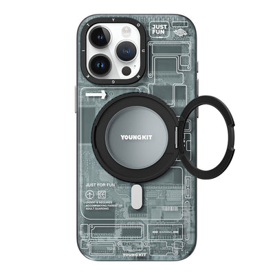 Apple iPhone 15 Pro Max Kılıf Magsafe Şarj Özellikli Youngkit 360° Standlı Technology Serisi Kapak Gri