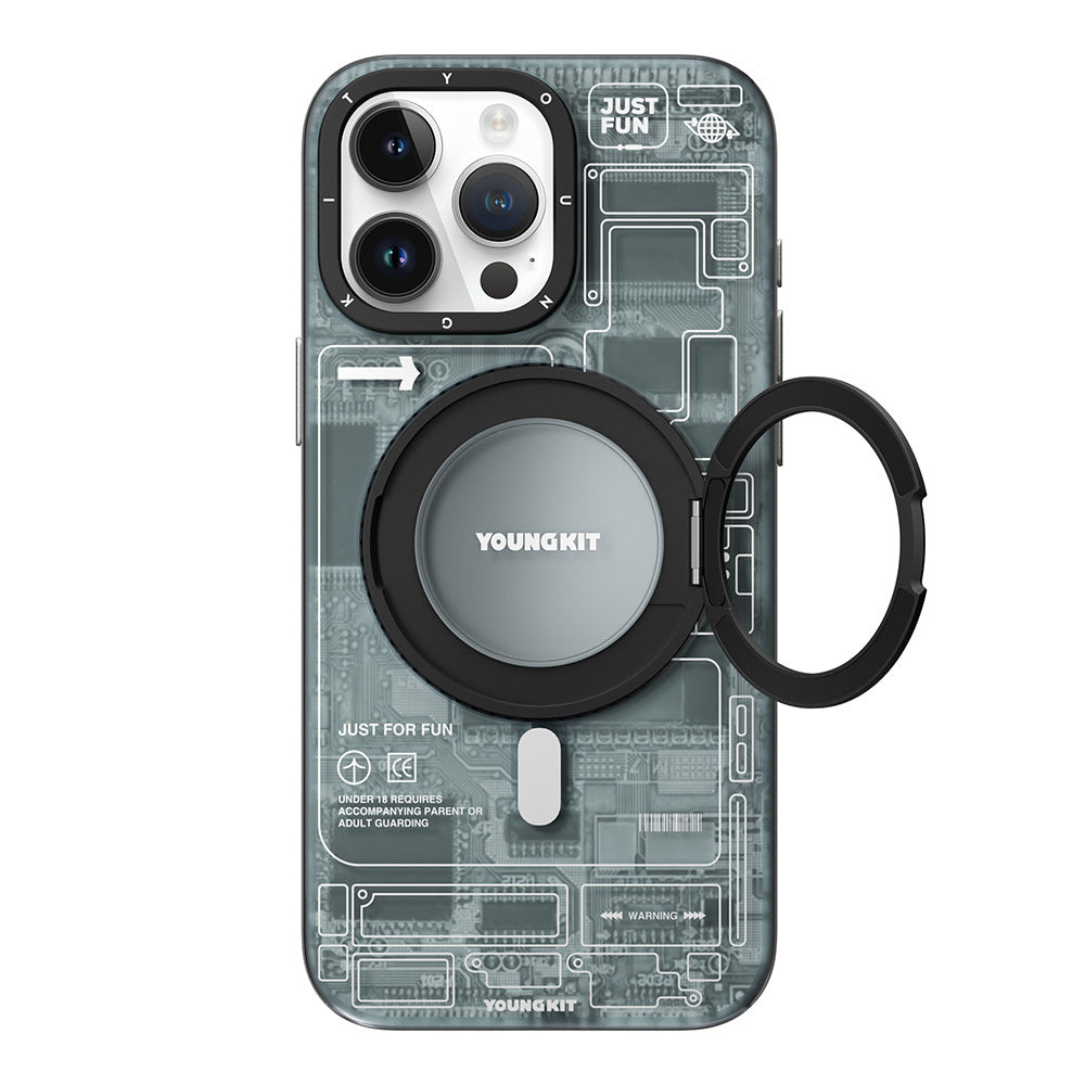 Apple iPhone 15 Pro Max Kılıf Magsafe Şarj Özellikli Youngkit 360° Standlı Technology Serisi Kapak Mavi