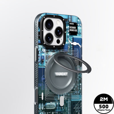 Apple iPhone 15 Pro Max Kılıf Magsafe Şarj Özellikli Youngkit 360° Standlı Technology Serisi Kapak Mavi