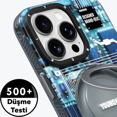 Apple iPhone 15 Pro Max Kılıf Magsafe Şarj Özellikli Youngkit 360° Standlı Technology Serisi Kapak Mavi