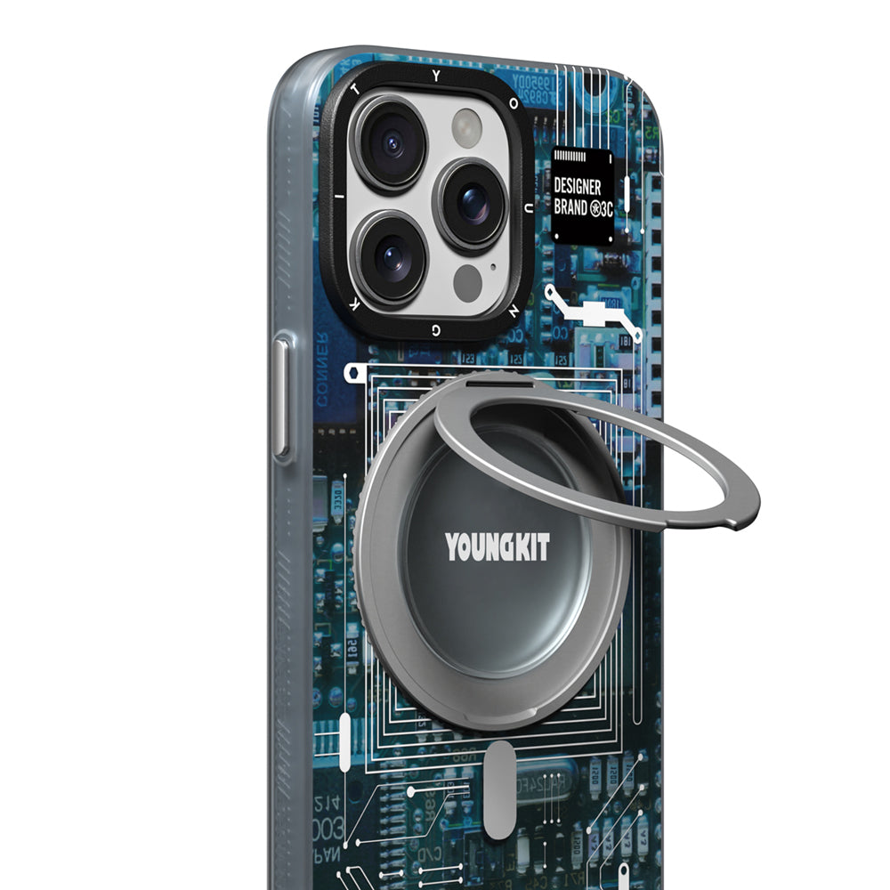 Apple iPhone 15 Pro Max Kılıf Magsafe Şarj Özellikli Youngkit 360° Standlı Technology Serisi Kapak Gri