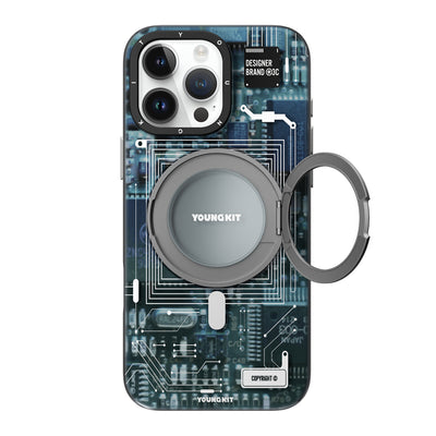 Apple iPhone 15 Pro Max Kılıf Magsafe Şarj Özellikli Youngkit 360° Standlı Technology Serisi Kapak Mavi