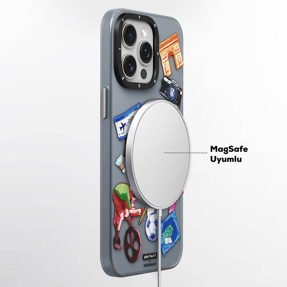 Apple iPhone 15 Pro Max Kılıf Magsafe Şarj Özellikli Youngkit in Paris Serisi Kapak Gri