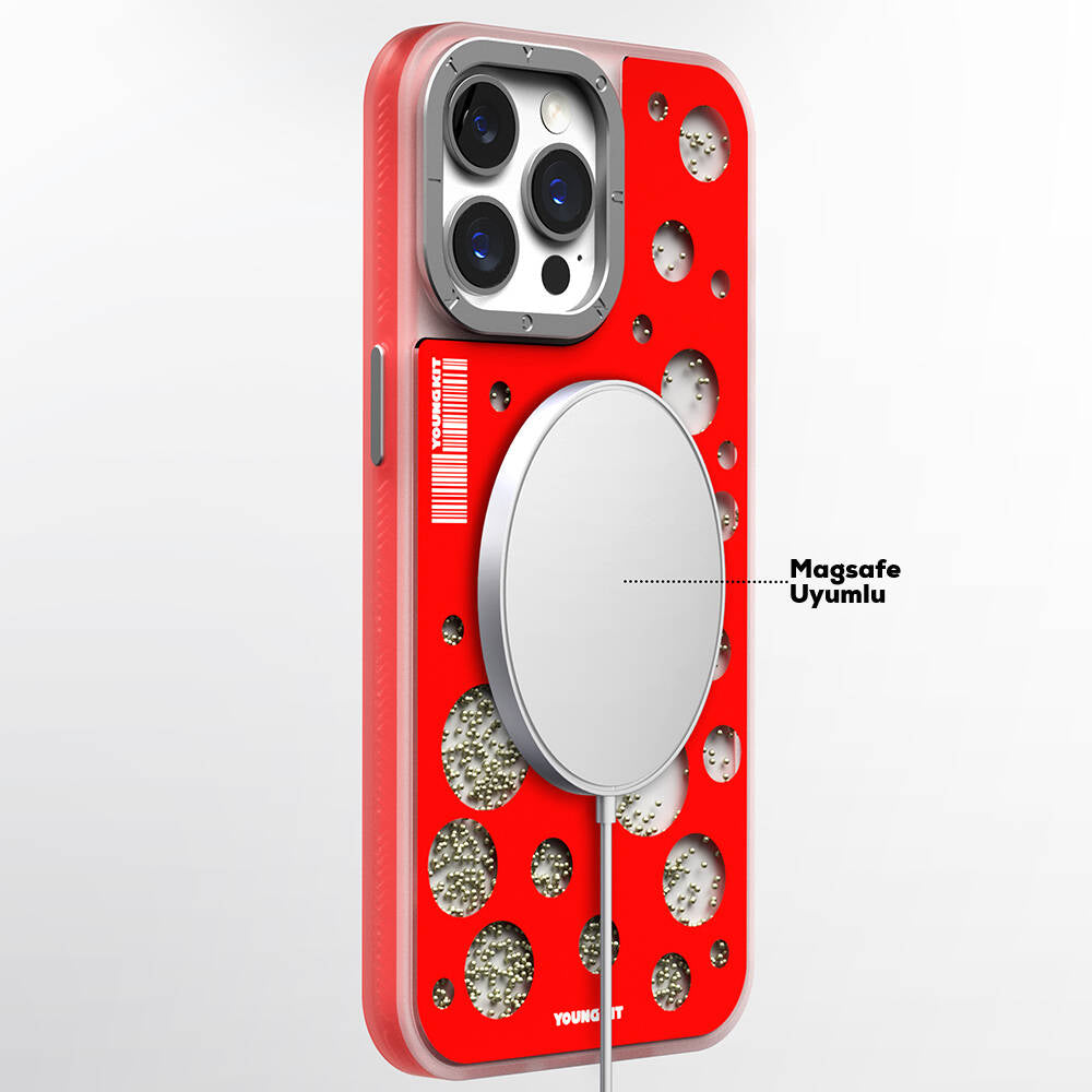 Apple iPhone 15 Pro Max Kılıf Magsafe Şarj Özellikli Youngkit Quicksand Beads Serisi Kapak Sarı