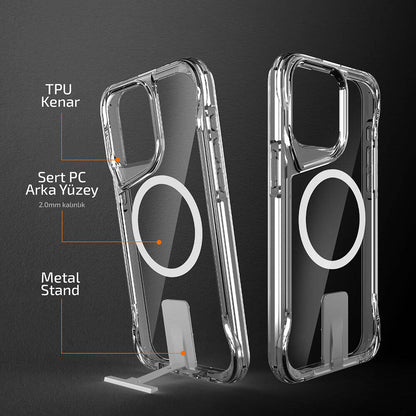 iPhone 15 Pro Max Kılıf M-safe Şarj Özellikli Zore T-Max Standlı Kılıf