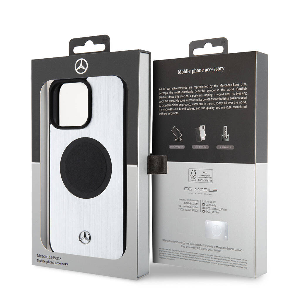 iPhone 15 Pro Max Kılıf Mercedes Benz Orjinal Lisanslı M-safe Şarj Özellikli Alüminyum Arka Yüzey Metal Yıldız Logolu Kılıf