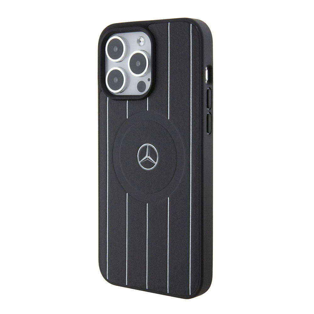 Apple iPhone 15 Pro Max Kılıf Mercedes Benz Orjinal Lisanslı Magsafe Şarj Özellikli Baskı Logolu Paralel Çizgi Desenli Deri Kapak Siyah