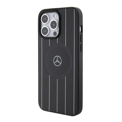 Apple iPhone 15 Pro Max Kılıf Mercedes Benz Orjinal Lisanslı Magsafe Şarj Özellikli Baskı Logolu Paralel Çizgi Desenli Deri Kapak Siyah