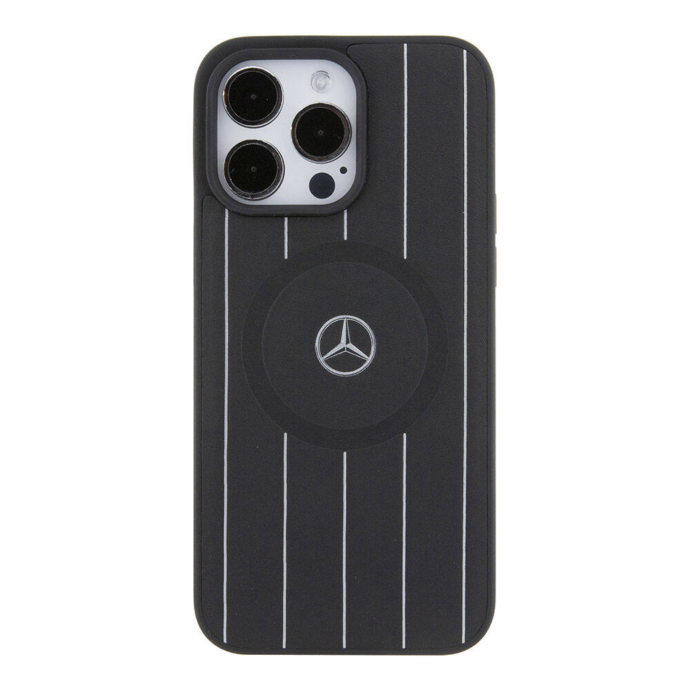 Apple iPhone 15 Pro Max Kılıf Mercedes Benz Orjinal Lisanslı Magsafe Şarj Özellikli Baskı Logolu Paralel Çizgi Desenli Deri Kapak Siyah