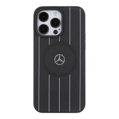 Apple iPhone 15 Pro Max Kılıf Mercedes Benz Orjinal Lisanslı Magsafe Şarj Özellikli Baskı Logolu Paralel Çizgi Desenli Deri Kapak Siyah