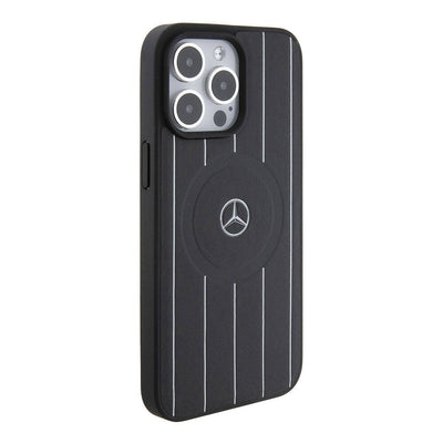 Apple iPhone 15 Pro Max Kılıf Mercedes Benz Orjinal Lisanslı Magsafe Şarj Özellikli Baskı Logolu Paralel Çizgi Desenli Deri Kapak Siyah