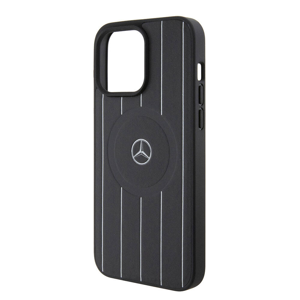 Apple iPhone 15 Pro Max Kılıf Mercedes Benz Orjinal Lisanslı Magsafe Şarj Özellikli Baskı Logolu Paralel Çizgi Desenli Deri Kapak Siyah