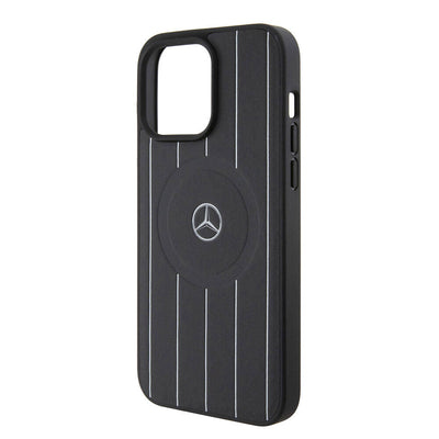 Apple iPhone 15 Pro Max Kılıf Mercedes Benz Orjinal Lisanslı Magsafe Şarj Özellikli Baskı Logolu Paralel Çizgi Desenli Deri Kapak Siyah