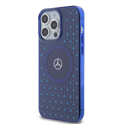 Apple iPhone 15 Pro Max Kılıf Mercedes Benz Orjinal Lisanslı Magsafe Şarj Özellikli Çift Katmanlı Mini Yıldız Desenli Kapak Mavi