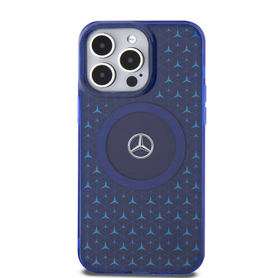Apple iPhone 15 Pro Max Kılıf Mercedes Benz Orjinal Lisanslı Magsafe Şarj Özellikli Çift Katmanlı Mini Yıldız Desenli Kapak Mavi