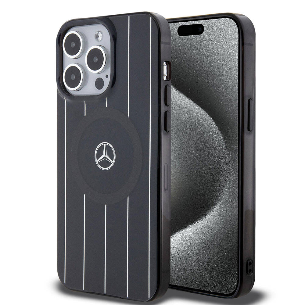 Apple iPhone 15 Pro Max Kılıf Mercedes Benz Orjinal Lisanslı Magsafe Şarj Özellikli Çift Katmanlı Paralel Çizgi Desenli Kapak Beyaz