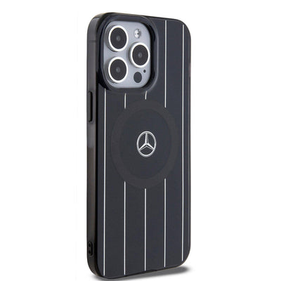 Apple iPhone 15 Pro Max Kılıf Mercedes Benz Orjinal Lisanslı Magsafe Şarj Özellikli Çift Katmanlı Paralel Çizgi Desenli Kapak Beyaz