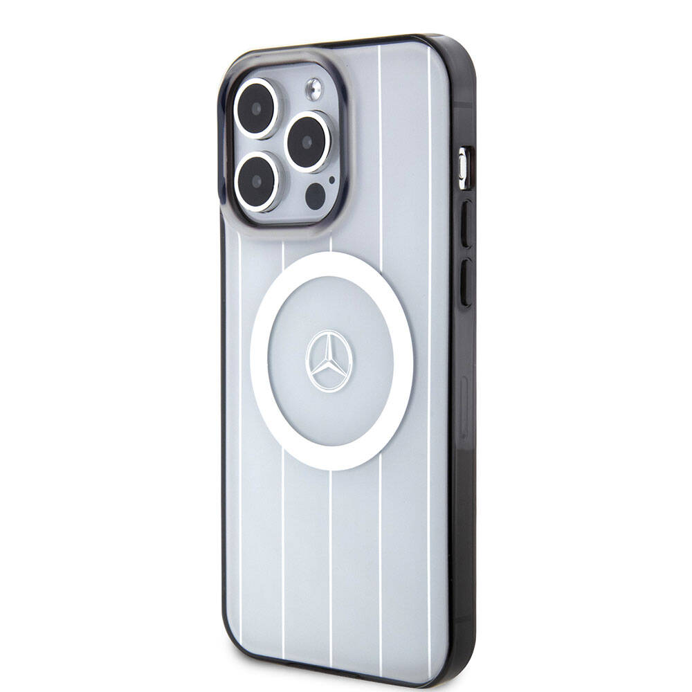 Apple iPhone 15 Pro Max Kılıf Mercedes Benz Orjinal Lisanslı Magsafe Şarj Özellikli Çift Katmanlı Paralel Çizgi Desenli Kapak Beyaz