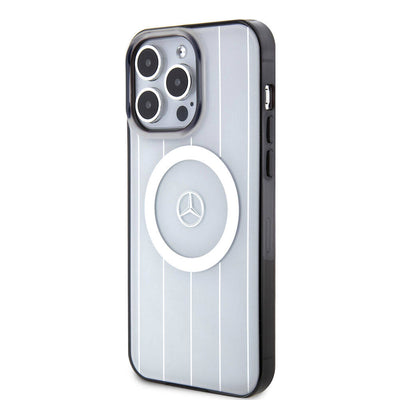 Apple iPhone 15 Pro Max Kılıf Mercedes Benz Orjinal Lisanslı Magsafe Şarj Özellikli Çift Katmanlı Paralel Çizgi Desenli Kapak Beyaz