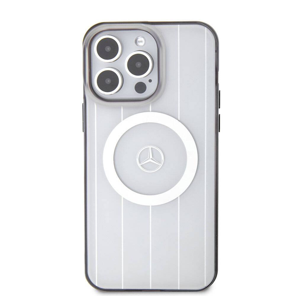 Apple iPhone 15 Pro Max Kılıf Mercedes Benz Orjinal Lisanslı Magsafe Şarj Özellikli Çift Katmanlı Paralel Çizgi Desenli Kapak Beyaz