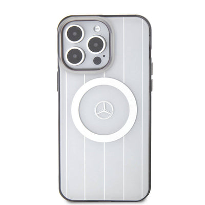Apple iPhone 15 Pro Max Kılıf Mercedes Benz Orjinal Lisanslı Magsafe Şarj Özellikli Çift Katmanlı Paralel Çizgi Desenli Kapak Beyaz