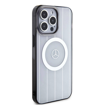 Apple iPhone 15 Pro Max Kılıf Mercedes Benz Orjinal Lisanslı Magsafe Şarj Özellikli Çift Katmanlı Paralel Çizgi Desenli Kapak Beyaz