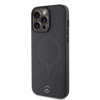 Apple iPhone 15 Pro Max Kılıf Mercedes Benz Orjinal Lisanslı Magsafe Şarj Özellikli Metal Yıldız Logolu Pürüzsüz Deri Kapak Lacivert