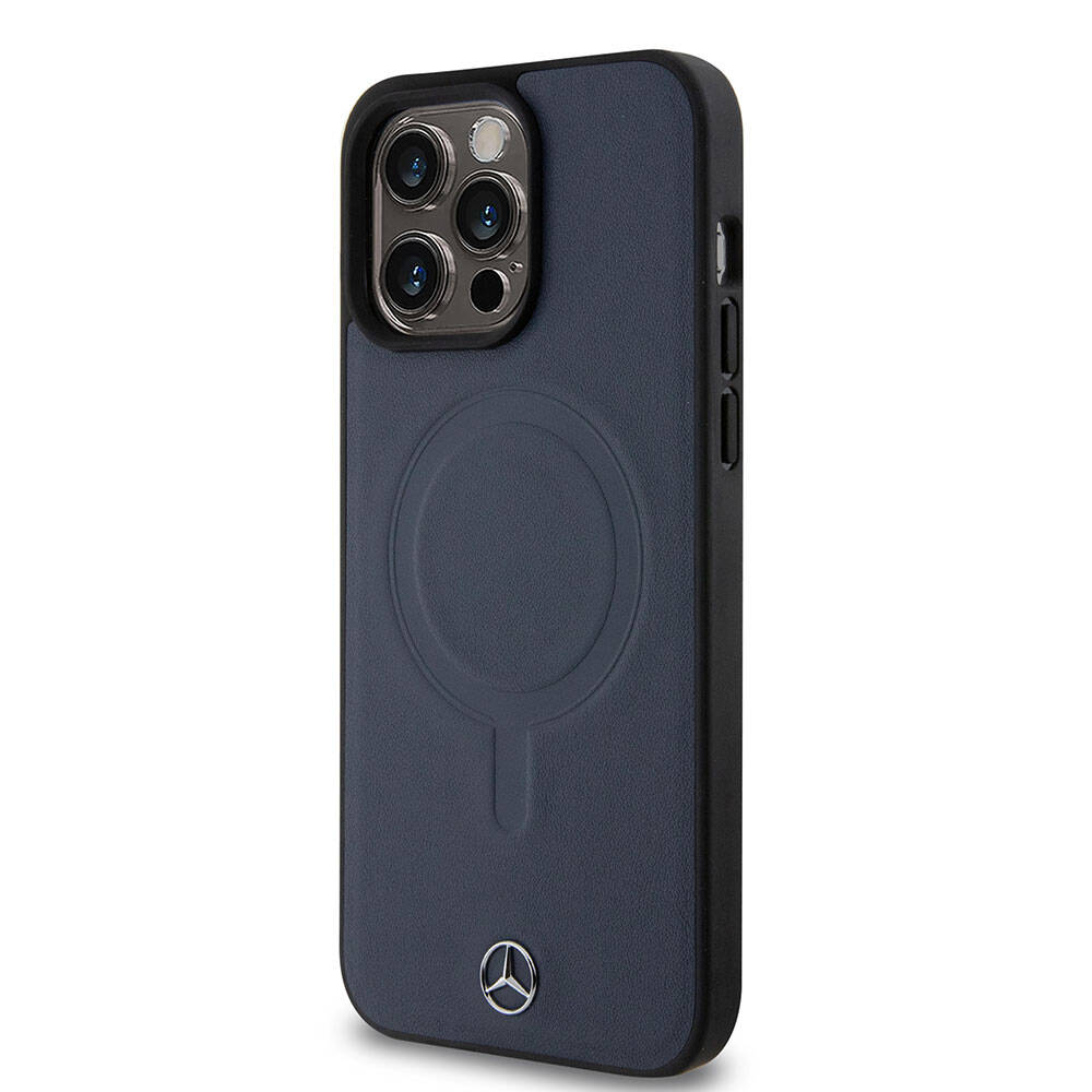 Apple iPhone 15 Pro Max Kılıf Mercedes Benz Orjinal Lisanslı Magsafe Şarj Özellikli Metal Yıldız Logolu Pürüzsüz Deri Kapak Lacivert