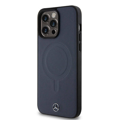 Apple iPhone 15 Pro Max Kılıf Mercedes Benz Orjinal Lisanslı Magsafe Şarj Özellikli Metal Yıldız Logolu Pürüzsüz Deri Kapak Lacivert