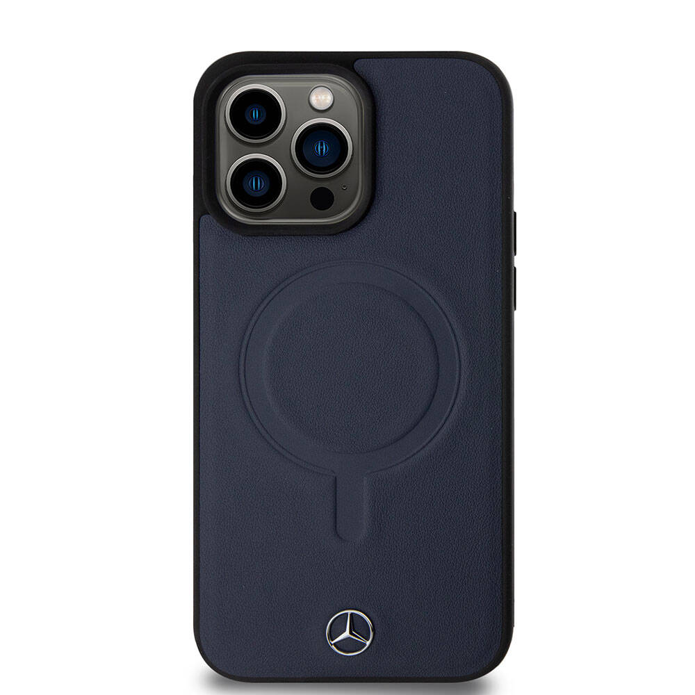 Apple iPhone 15 Pro Max Kılıf Mercedes Benz Orjinal Lisanslı Magsafe Şarj Özellikli Metal Yıldız Logolu Pürüzsüz Deri Kapak Siyah