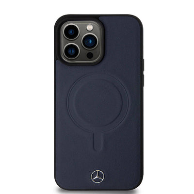 Apple iPhone 15 Pro Max Kılıf Mercedes Benz Orjinal Lisanslı Magsafe Şarj Özellikli Metal Yıldız Logolu Pürüzsüz Deri Kapak Lacivert