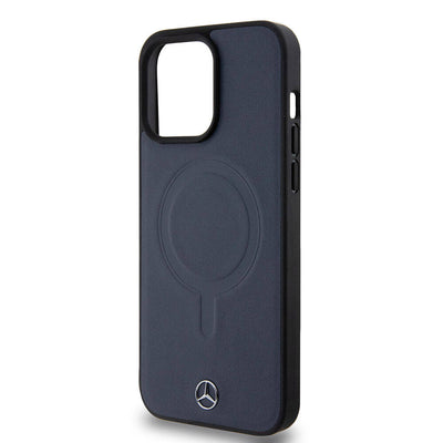 Apple iPhone 15 Pro Max Kılıf Mercedes Benz Orjinal Lisanslı Magsafe Şarj Özellikli Metal Yıldız Logolu Pürüzsüz Deri Kapak Lacivert