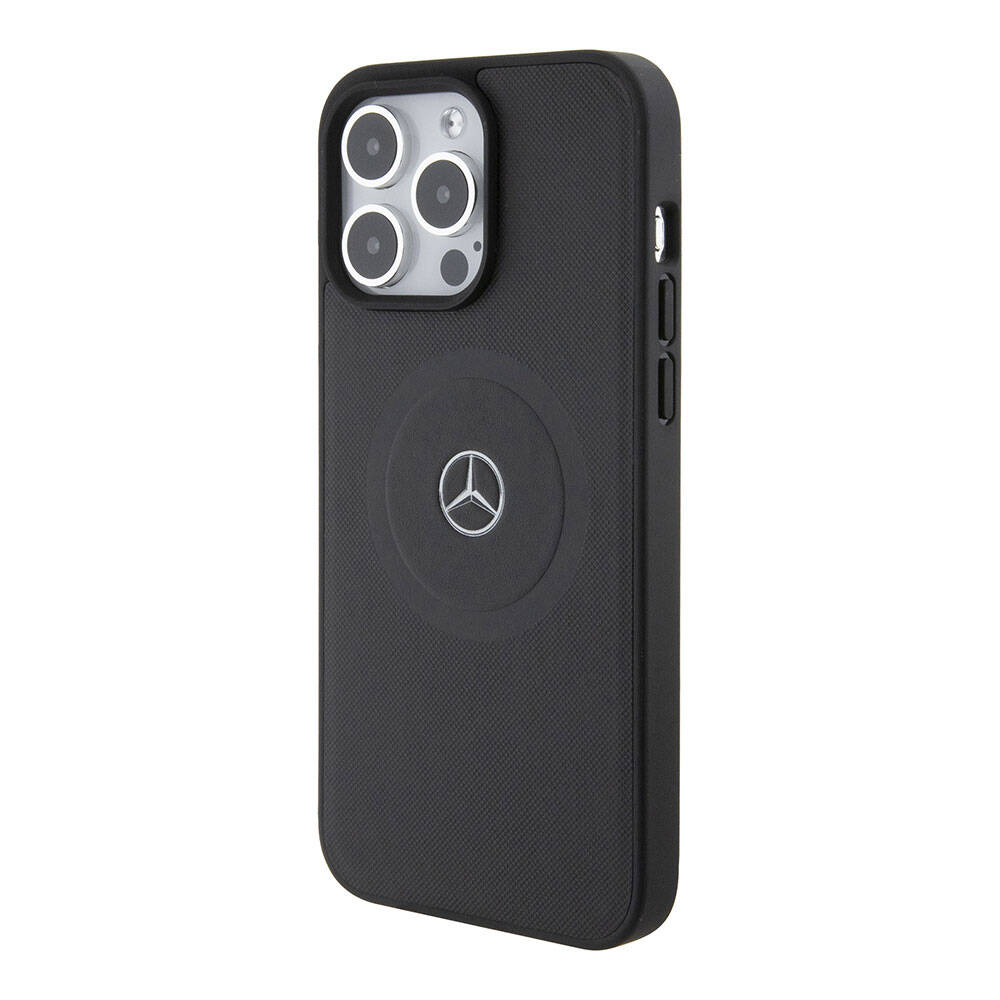 Apple iPhone 15 Pro Max Kılıf Mercedes Benz Orjinal Lisanslı Magsafe Şarj Özellikli Pike Desenli Baskı Logolu Deri Kapak Siyah