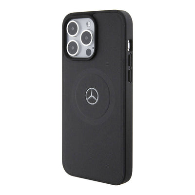 Apple iPhone 15 Pro Max Kılıf Mercedes Benz Orjinal Lisanslı Magsafe Şarj Özellikli Pike Desenli Baskı Logolu Deri Kapak Siyah