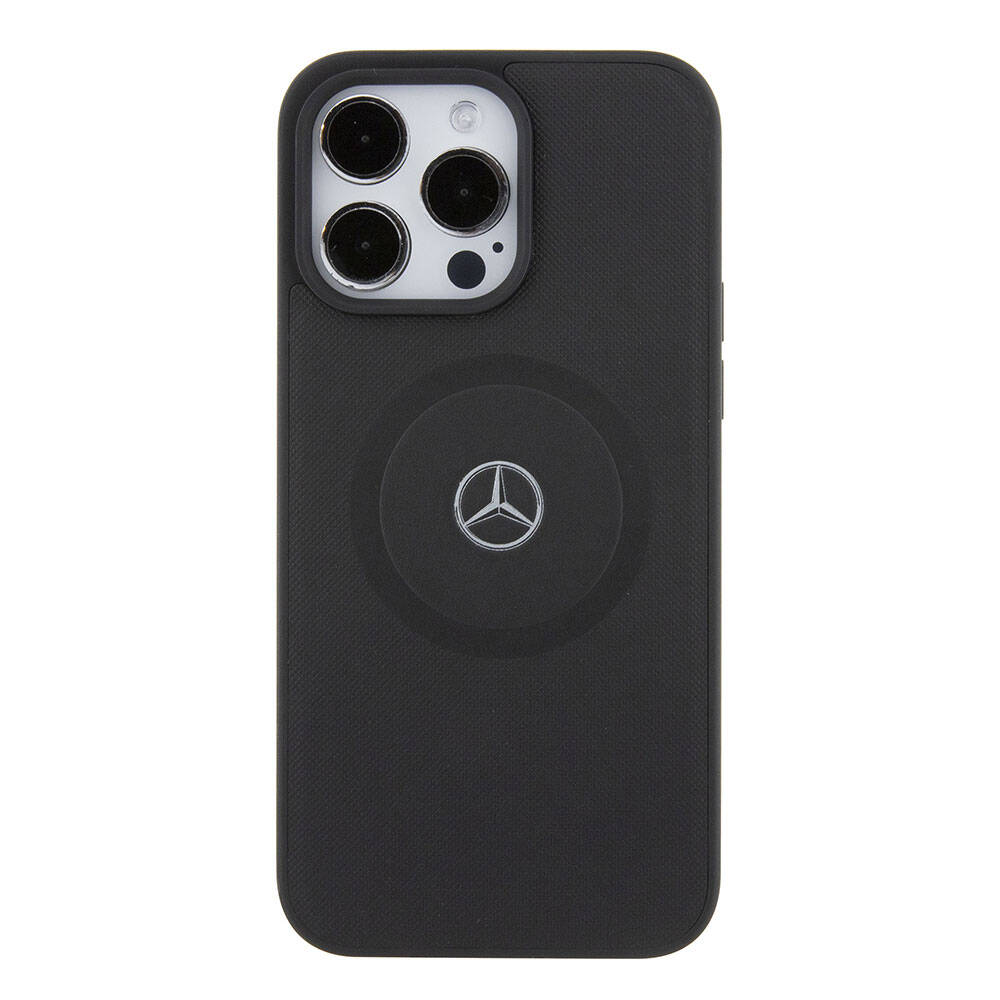 Apple iPhone 15 Pro Max Kılıf Mercedes Benz Orjinal Lisanslı Magsafe Şarj Özellikli Pike Desenli Baskı Logolu Deri Kapak Siyah