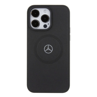 Apple iPhone 15 Pro Max Kılıf Mercedes Benz Orjinal Lisanslı Magsafe Şarj Özellikli Pike Desenli Baskı Logolu Deri Kapak Siyah