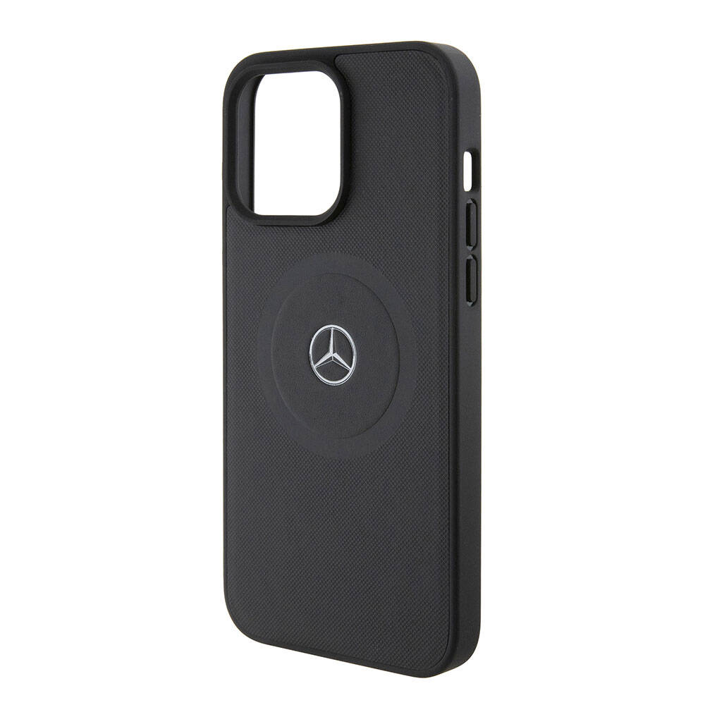 Apple iPhone 15 Pro Max Kılıf Mercedes Benz Orjinal Lisanslı Magsafe Şarj Özellikli Pike Desenli Baskı Logolu Deri Kapak Siyah