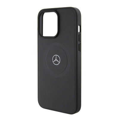 Apple iPhone 15 Pro Max Kılıf Mercedes Benz Orjinal Lisanslı Magsafe Şarj Özellikli Pike Desenli Baskı Logolu Deri Kapak Siyah