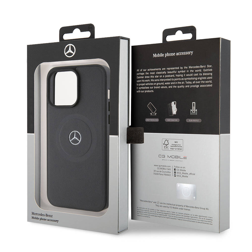 Apple iPhone 15 Pro Max Kılıf Mercedes Benz Orjinal Lisanslı Magsafe Şarj Özellikli Pike Desenli Baskı Logolu Deri Kapak Siyah