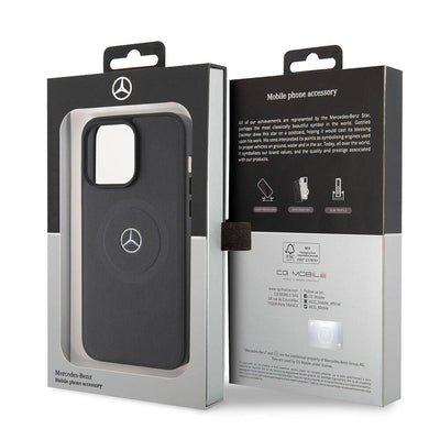 Apple iPhone 15 Pro Max Kılıf Mercedes Benz Orjinal Lisanslı Magsafe Şarj Özellikli Pike Desenli Baskı Logolu Deri Kapak Siyah