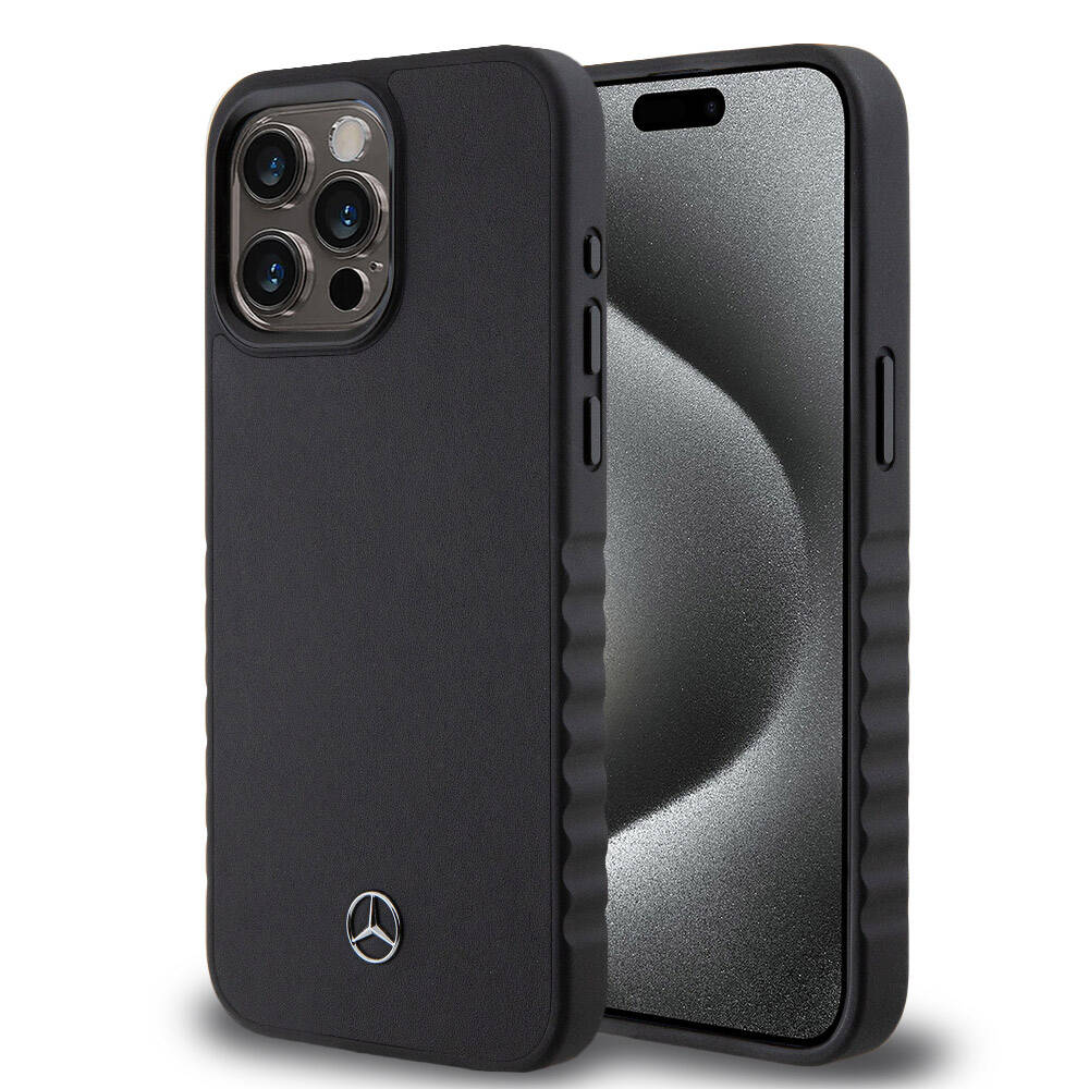 iPhone 15 Pro Max Kılıf Mercedes Benz Orjinal Lisanslı Tırtıklı Kenar Tasarımlı Metal Yıldız Logolu Pürüzsüz Hakiki Deri Kılıf