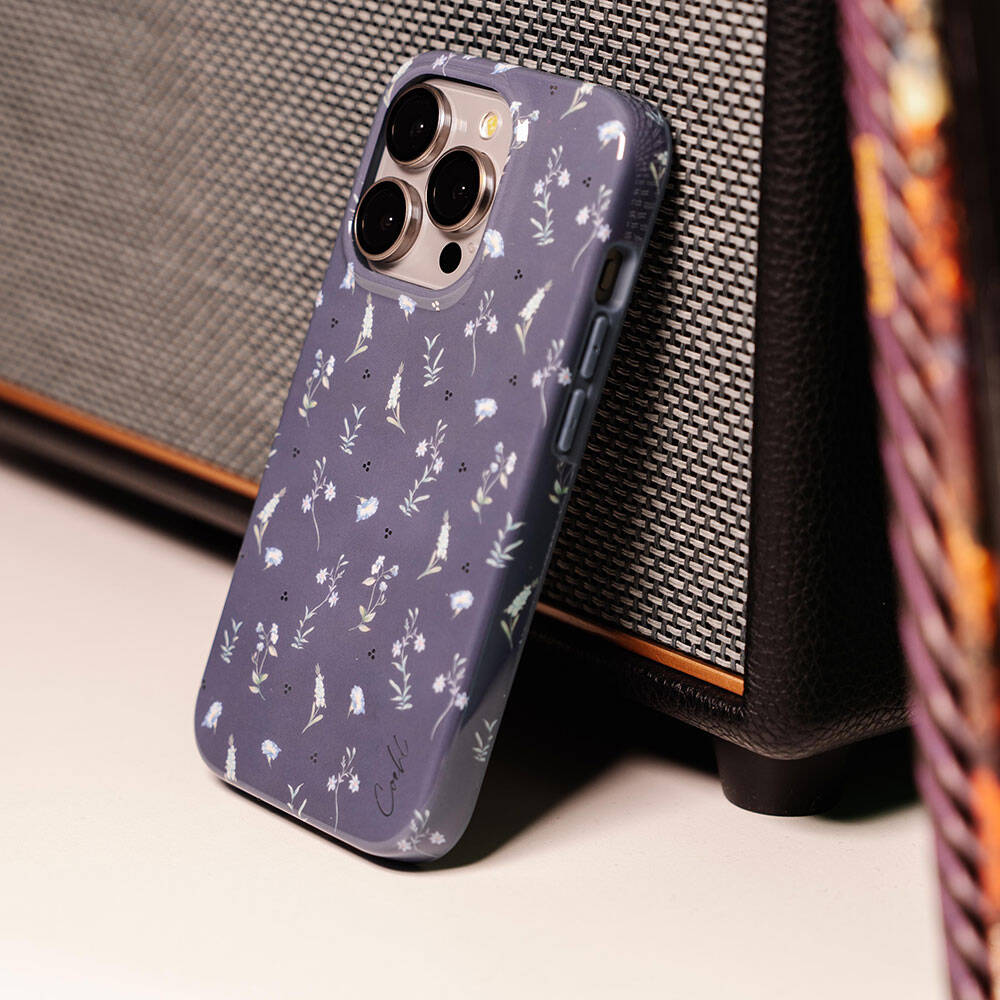 Apple iPhone 15 Pro Max Kılıf Mini Çayır Çiçekleri Desenli Coehl Prairie Kapak Lacivert