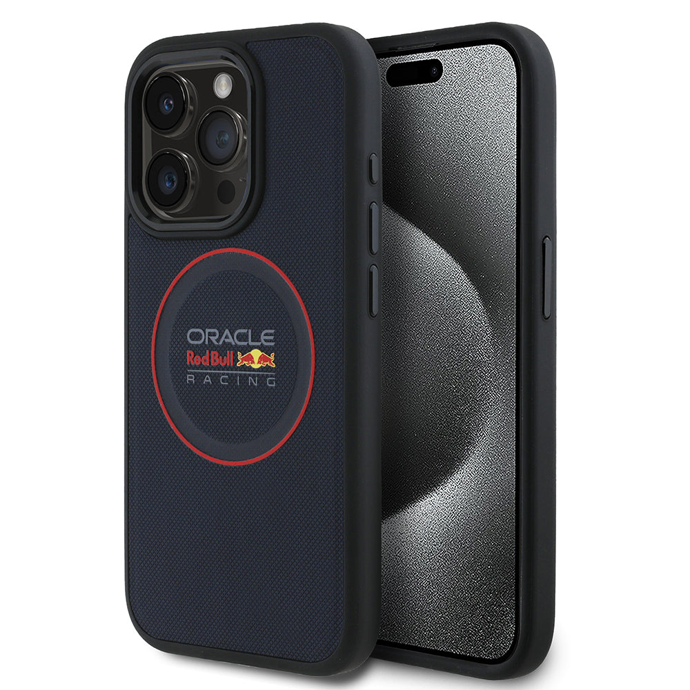 Apple iPhone 15 Pro Max Kılıf Redbull Orjinal Lisanslı M-safe Şarj Özellikli Kırmızı Halka ve Logo Kabartmalı PU Deri Kapak Lacivert