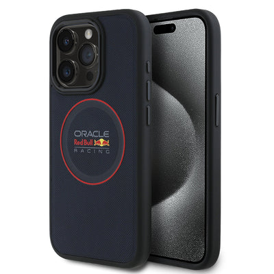 Apple iPhone 15 Pro Max Kılıf Redbull Orjinal Lisanslı M-safe Şarj Özellikli Kırmızı Halka ve Logo Kabartmalı PU Deri Kapak Lacivert