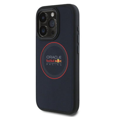 Apple iPhone 15 Pro Max Kılıf Redbull Orjinal Lisanslı M-safe Şarj Özellikli Kırmızı Halka ve Logo Kabartmalı PU Deri Kapak Lacivert