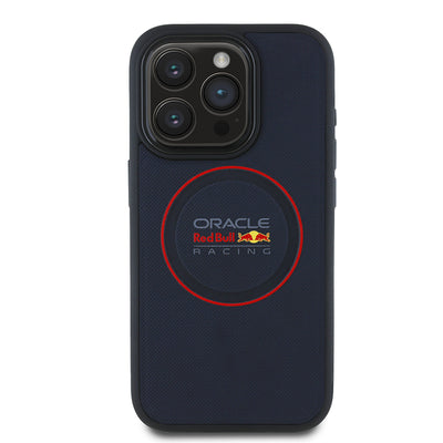 Apple iPhone 15 Pro Max Kılıf Redbull Orjinal Lisanslı M-safe Şarj Özellikli Kırmızı Halka ve Logo Kabartmalı PU Deri Kapak Lacivert